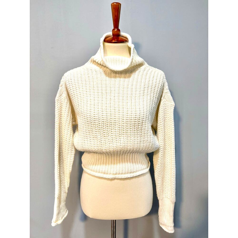 Poof Apparel White Chunky Knit Cropped Turtleneck Sweater Size Medium Boho Chic